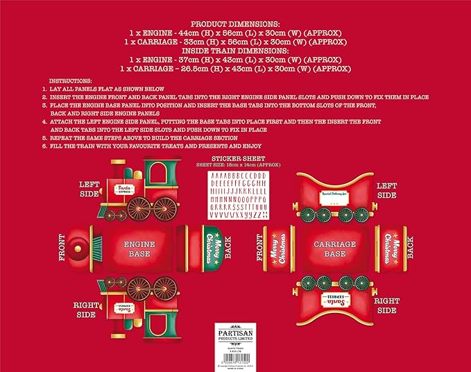 Red printed instruction sheet for assembling a christmas santa train engine and carriage, showing front, right, left, and back views with dimensions and step-by-step assembly instructions.