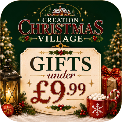 Affordable Christmas gifts under £9.99 from Creation Christmas Village including personalised stocking fillers, Elf Arrival gifts and Christmas Eve treats.
