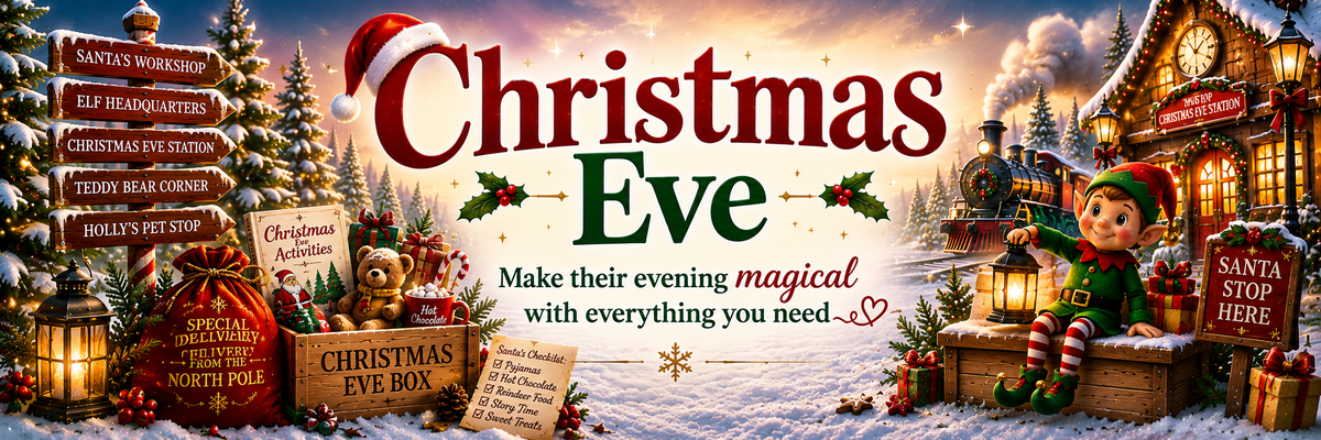 Christmas Eve themed banner or poster featuring a snowy village scene with a lit holiday house, a child in a green elf outfit sitting by a lantern, trees, signs, and large text reading 'Christmas Eve' with the tagline 'Make your evening magical with everything you need'.