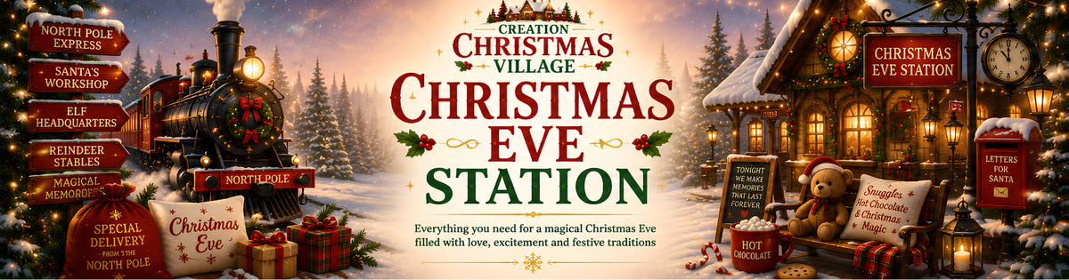 A festive Christmas Eve promotional banner for 'Christmas Village' featuring a vintage steam locomotive, a cozy holiday cottage with warm lights, Christmas trees, gift boxes, and directional signs including 'Santa's Workshop', 'Merry Market', and 'Christmas Eve Station'.