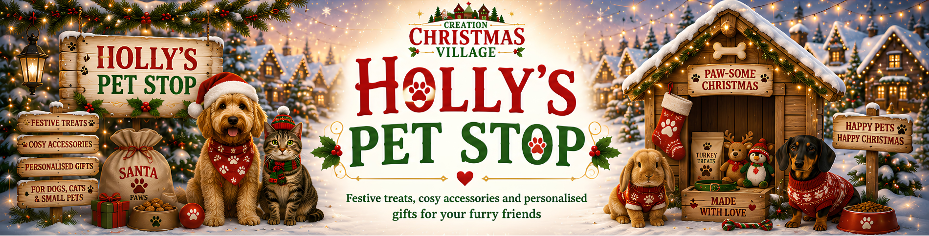 A festive Christmas village pet stop banner with multiple dogs wearing red Santa hats and scarves, surrounded by decorated holiday cottages, trees, snow, and large text reading 'Holly's Pet Stop' and 'Holly's Christmas Pet Stop'.