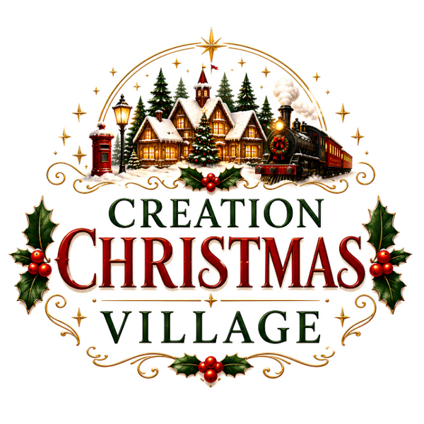 A festive graphic design for 'Creation Christmas Village' featuring a vintage illustration of a snow-covered village with a steam train, decorated with holly leaves and red berries, on a white background.