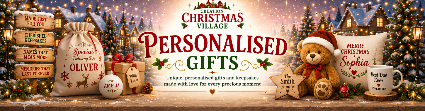 A festive Christmas-themed banner for 'Creation Christmas Village' showcasing custom gifts. The banner features a teddy bear in a Santa hat, a white mug reading 'Best Food Ever', a personalized sack, a star, and a gift box with the text 'Personalised Gifts'.