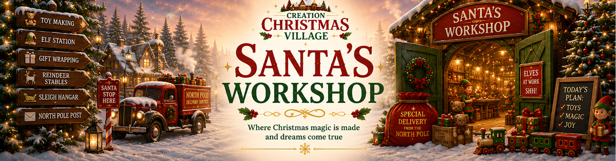A festive Christmas village scene with a large central title reading 'Santa's Workshop' and surrounding holiday storefronts, trees, snow, and vintage trucks. This is not a clean product photo, not a person-centered lifestyle image, and not an auxiliary chart or instruction graphic.