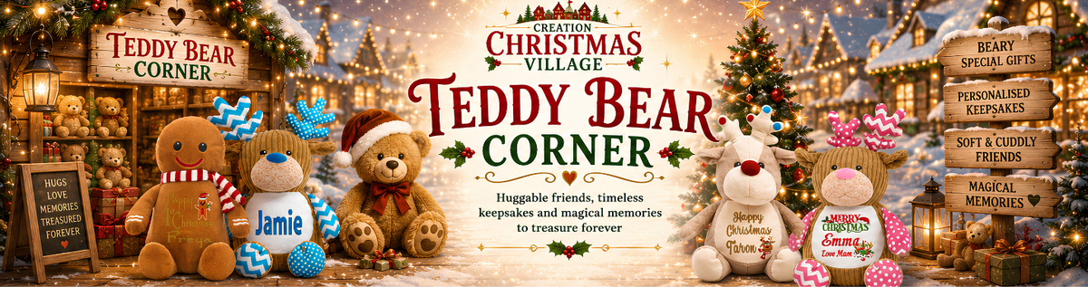 A festive Christmas-themed banner for 'Teddy Bear Corner' in 'Christmas Village', featuring multiple custom teddy bears with names, ornaments, and signs advertising personalized gifts and services.