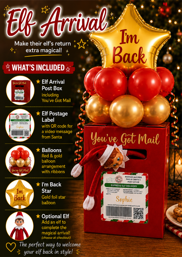 Christmas-themed 'Elf Arrival' gift box set with a red 'You've Got Mail' box, red and gold balloons, a gold star 
