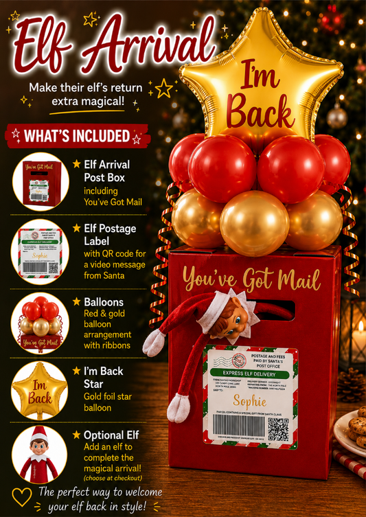 Christmas-themed 'Elf Arrival' gift box set with a red 'You've Got Mail' box, red and gold balloons, a gold star 