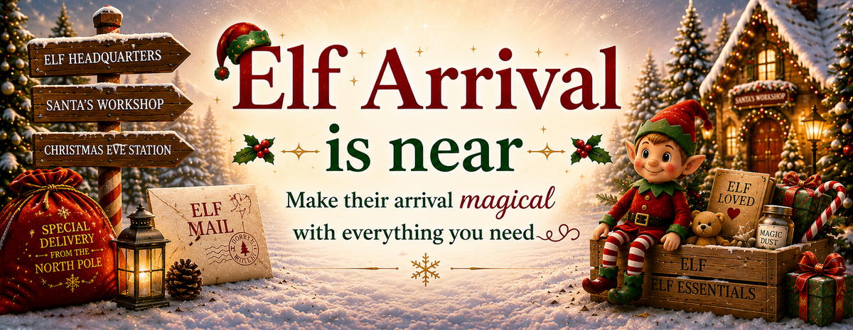 A festive Christmas-themed promotional banner with the text 'Elf Arrival is near' and 'Make their arrival magical with everything you need.' The scene shows a snowy village, an elf doll, gift boxes, a lantern, directional signs, and a warm glowing house.
