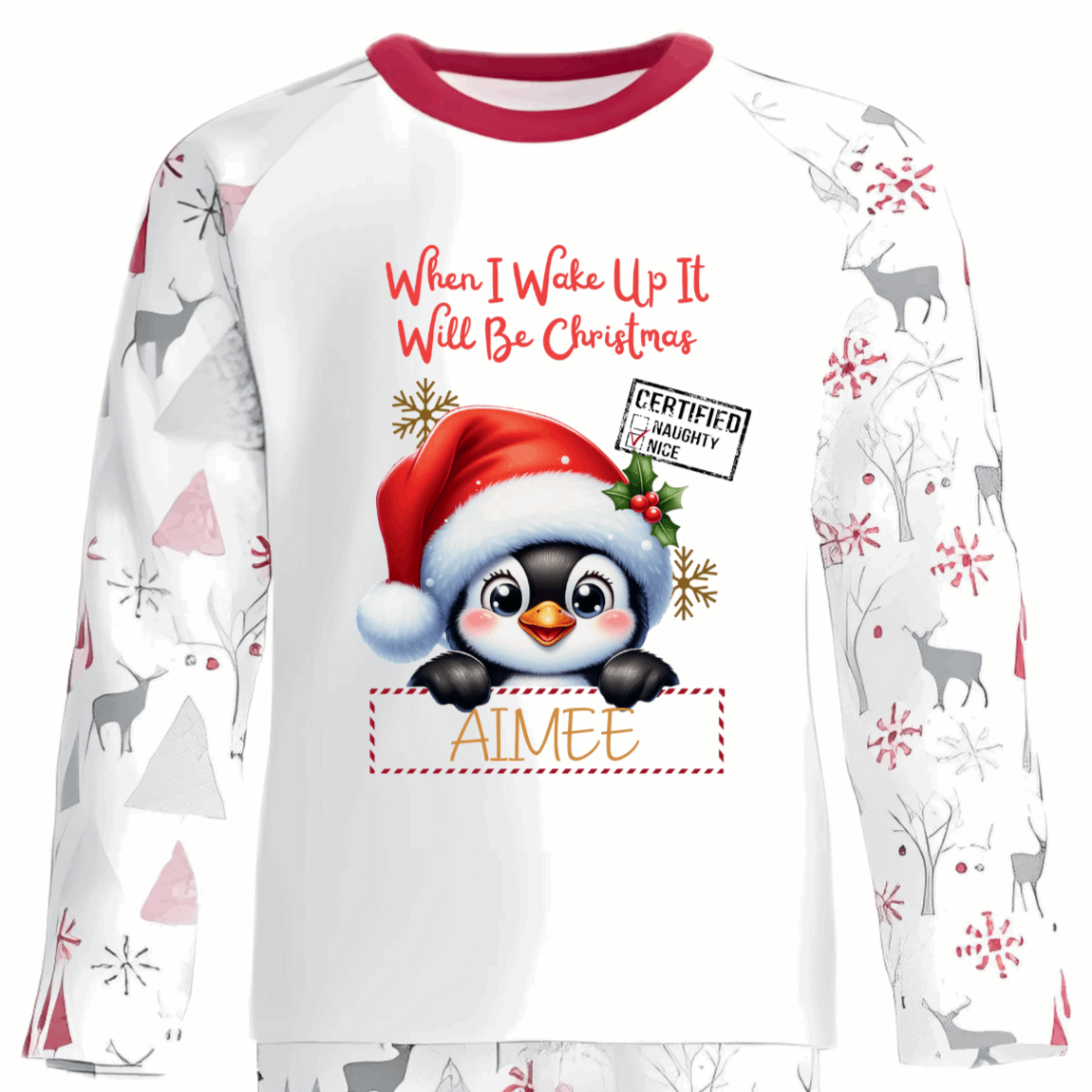 Personalised Kids Christmas Pyjamas with Peeking Penguin Design