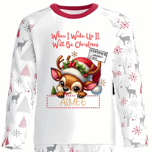 Personalised Kids Christmas Pyjamas with Peeking Reindeer Design