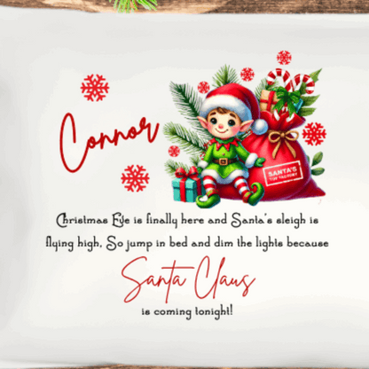 Make Christmas Eve extra magical with our Personalised Christmas Eve Sitting Elf Christmas Design Pillowcase — the perfect festive touch for your little one’s christmas eve bedtime excitement!