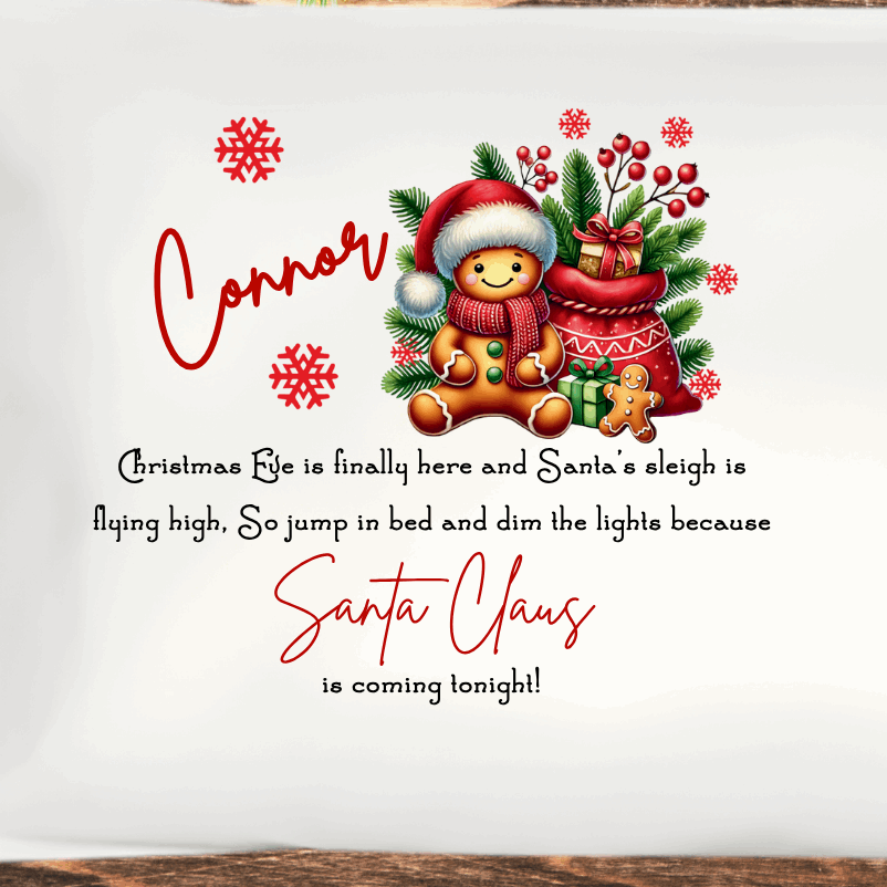 Make Christmas Eve extra magical with our Personalised Christmas Eve Sitting Gingerbread Christmas Design Pillowcase — the perfect festive touch for your little one’s christmas eve bedtime excitement!