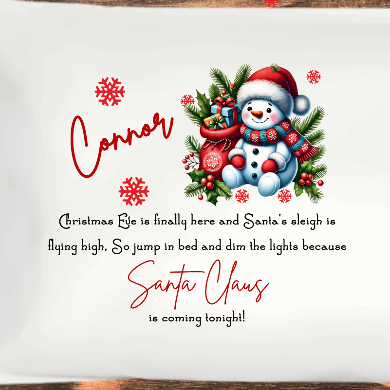 Make Christmas Eve extra magical with our Personalised Christmas Eve Sitting Snowman Christmas Design Pillowcase — the perfect festive touch for your little one’s christmas eve bedtime excitement!