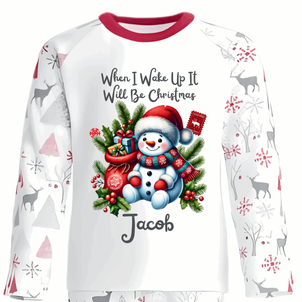 Personalised Kids Christmas Pyjamas with Sitting Snowman and Gifts Design
