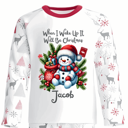 Personalised Kids Christmas Pyjamas with Sitting Snowman and Gifts Design