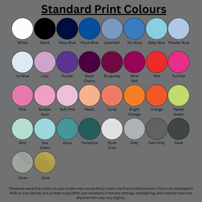 A colour chart of colours for printing