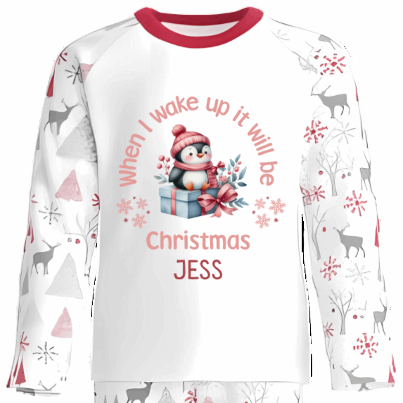 Personalised Kids Christmas Pyjamas with Sitting Penguin and Gift Design