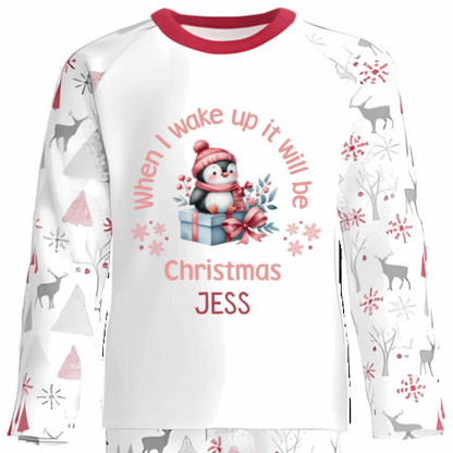 Personalised Kids Christmas Pyjamas with Sitting Penguin and Gift Design