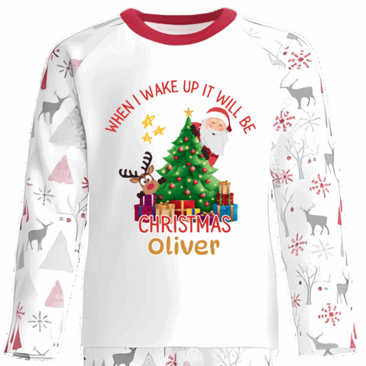 Personalised Kids Christmas Pyjamas with Santa Reindeer and Christmas Tree Design