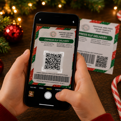 Scanning Elf Arrival label QR code to watch Santa video message