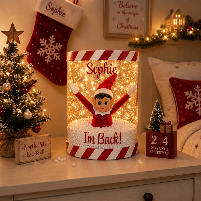 Personalised Naughty Elf Arrival Box with child's name and I'm Back design