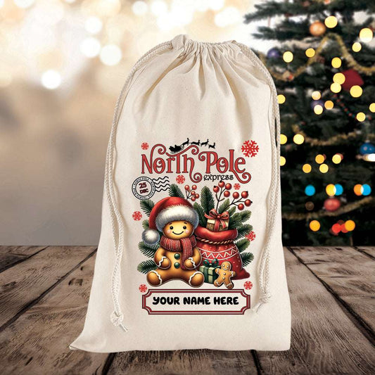 Personalized Christmas gift bag with 'North Pole Express' design on a wooden surface with a blurred Christmas tree in the background.