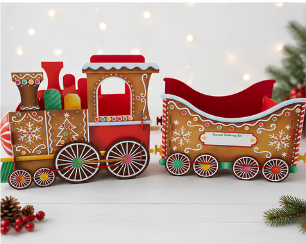 Large Gingerbread Themed Christmas Train and Carriage gift holder displayed for Christmas