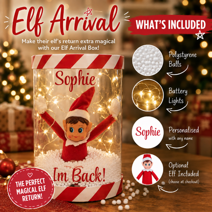 Personalised Elf Arrival Box with lights, snow balls and optional Elf Doll
