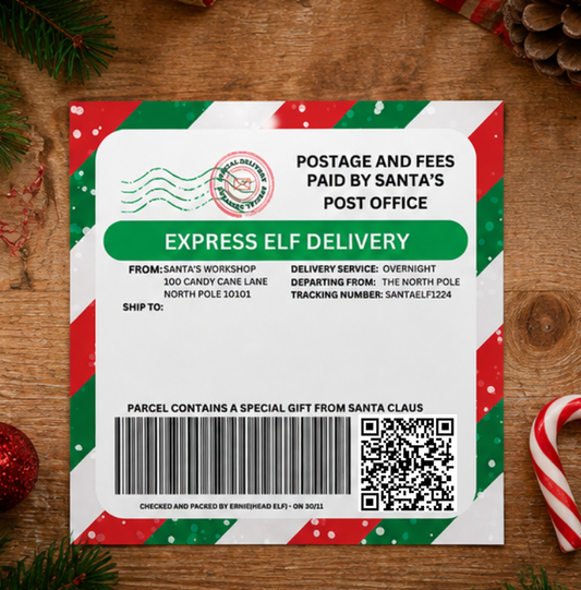 Personalised Elf Arrival postage label with QR code Santa video message