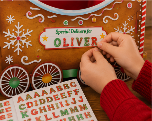 Alphabet name stickers being added to the rear carriage of the Gingerbread Christmas Train