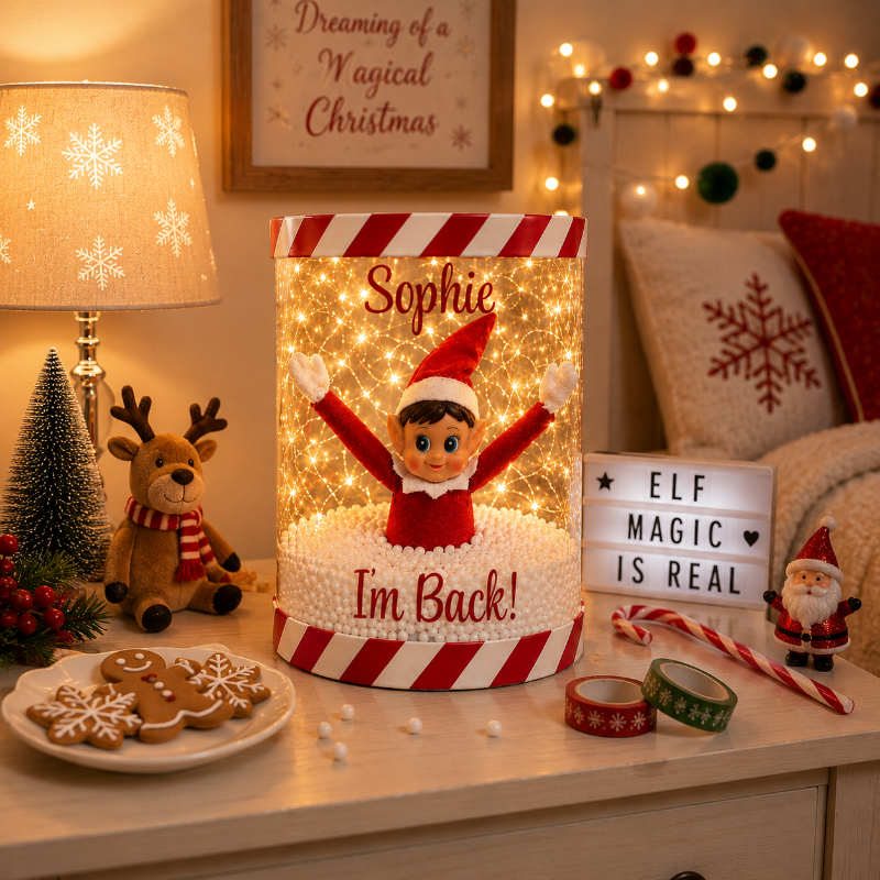 Personalised Elf Arrival Box with lights displayed in a festive child's bedroom