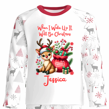 Personalised Kids Christmas Pyjamas with Sitting Reindeer and Gifts Design