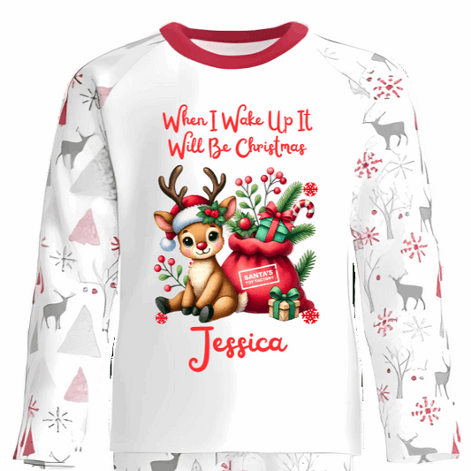 Personalised Kids Christmas Pyjamas with Sitting Reindeer and Gifts Design