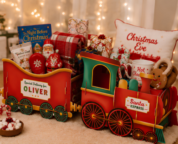 Large Santa Express Christmas Train and Carriage gift holder displayed for Christmas