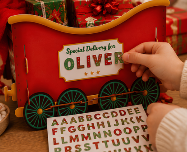 Alphabet name stickers being added to the rear carriage of the Santa Express Christmas Train