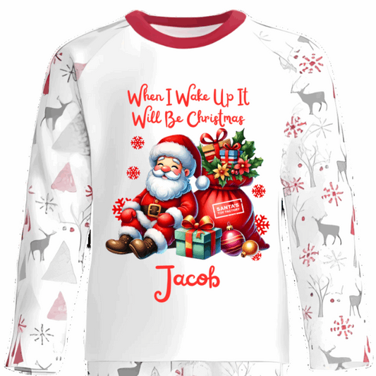 Personalised Kids Christmas Pyjamas with Sitting Santa Design
