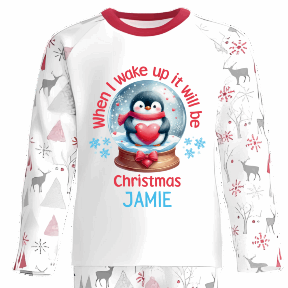 Personalised Kids Christmas Pyjamas with Penguin and Snow Globe Design