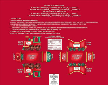 Red printed instruction sheet for assembling a christmas santa train engine and carriage, showing front, right, left, and back views with dimensions and step-by-step assembly instructions.