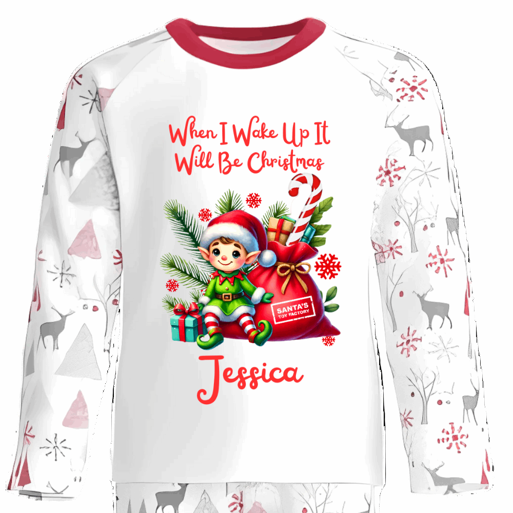 Personalised Kids Christmas Pyjamas with Sitting Elf and Gifts Design