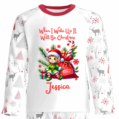 Personalised Kids Christmas Pyjamas with Sitting Elf and Gifts Design
