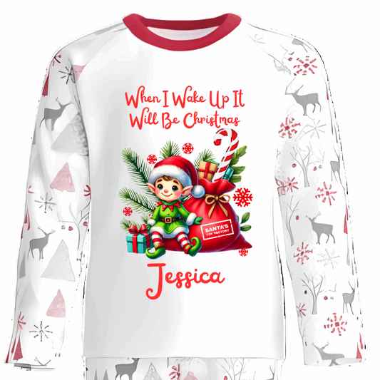 Personalised Kids Christmas Pyjamas with Sitting Elf and Gifts Design